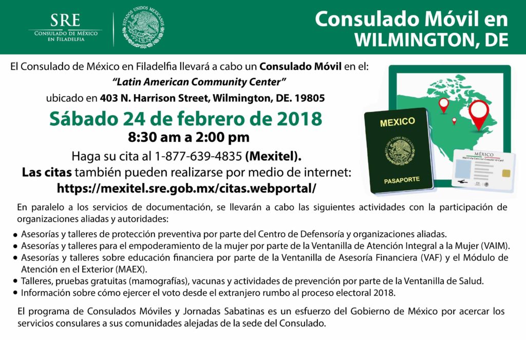 Cartel informativo del consulado movil mexicano en Wilmington