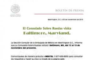 Nov 12-15: Consulado móvil mexicano visita Baltimore, Maryland. Cartel informativo de la visita del consulado móvil mexicano en Baltimore