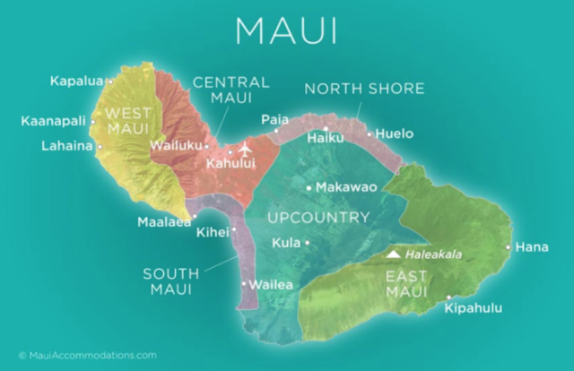 Mapa de Maui, lugar donde sucedieron incendios recientemente.