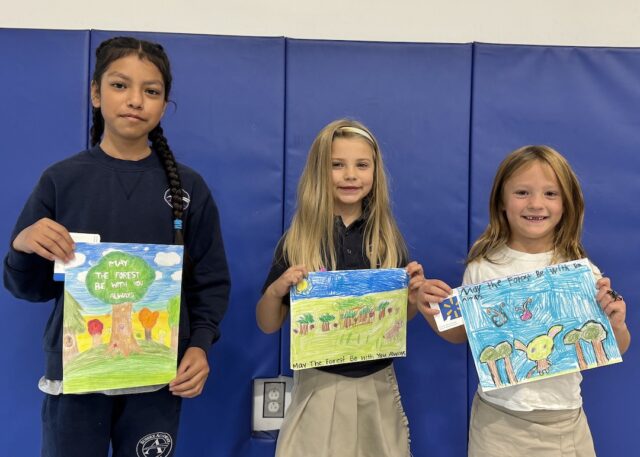 The 2024 Conservation Poster Contest winners from Sussex Academy Elementary School are, from left, Nohely Ramirez-Merida, fifth grade, first place in grades 4-6; Sasha Costello, kindergarten, second place; and Kennedy Savage, first grade, third place in grades K-1.