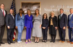 Delaware Tech Dedicates Student Success Center in Honor of First Lady Jill Biden College leadership posed with First Lady Jill Biden after the Biden Center dedication ceremony that included unveiling a plaque in her honor. (Photo Courtesy Delaware Technical Community College).