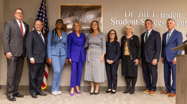 College leadership posed with First Lady Jill Biden after the Biden Center dedication ceremony that included unveiling a plaque in her honor. (Photo Courtesy Delaware Technical Community College).