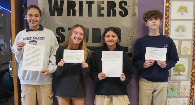 Four Sussex Academy students ranked among the top 15% of entries in The New York Times 100-Word Personal Narrative Contest. Gathered with their tiny memoirs are eighth graders (l-r) Barbara Carneiro-Duarte, Skyleigh Passwaters, Aarna Sharda and Alexander Horner.