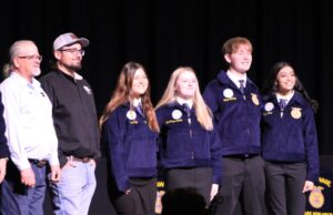 Eighty-one FFA Blue Jackets awarded by Delaware Farm Bureau FFA Blue Jacket recipients from Middletown High School. From left to right, DEFB President Bill Powers, DE YF&R Chair Will Powers, Brooke Ryan, Mackenzie Nickle, Owen Hickey, Riya Patel.