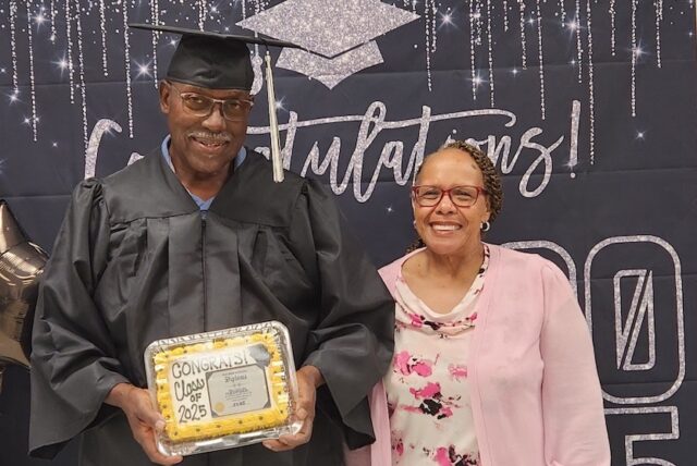 Medford Freshwater (69 year-old graduate) and wife Star Freshwater. (Photo courtesy James H. Groves Adult HS)