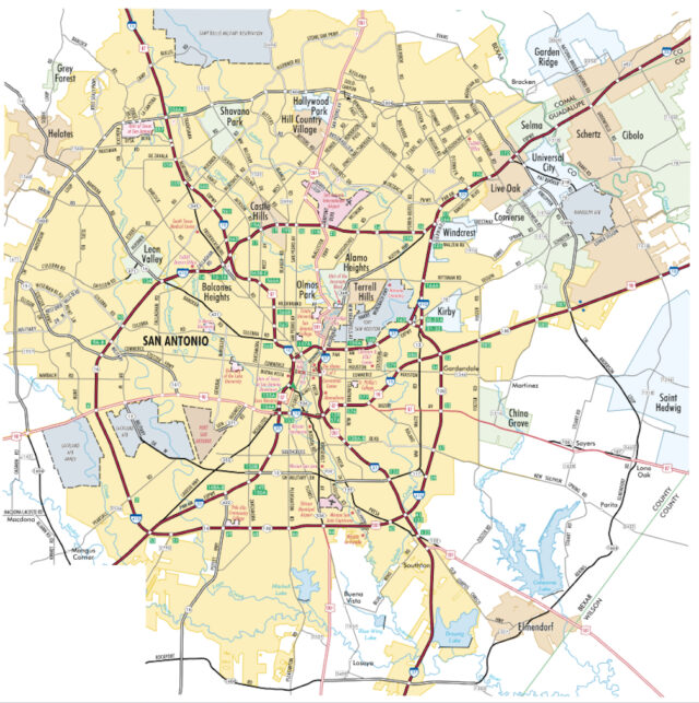 Mapa del área de san Antonio del Departamento de Transporte de Texas