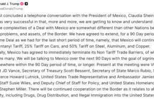 Truth message from President Trump about his conversation with Mexico President Sheinbaum/Mensaje de Truth del presidente Trump acerca de su conversación con la presidenta de México, Sheinbaum.