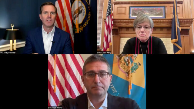 DGA Chair Kansas Gov. Laura Kelly, DGA Vice Chair Kentucky Gov. Andy Beshear, and Delaware Gov. Matt Meyer during the press call conference on Oct 31st.