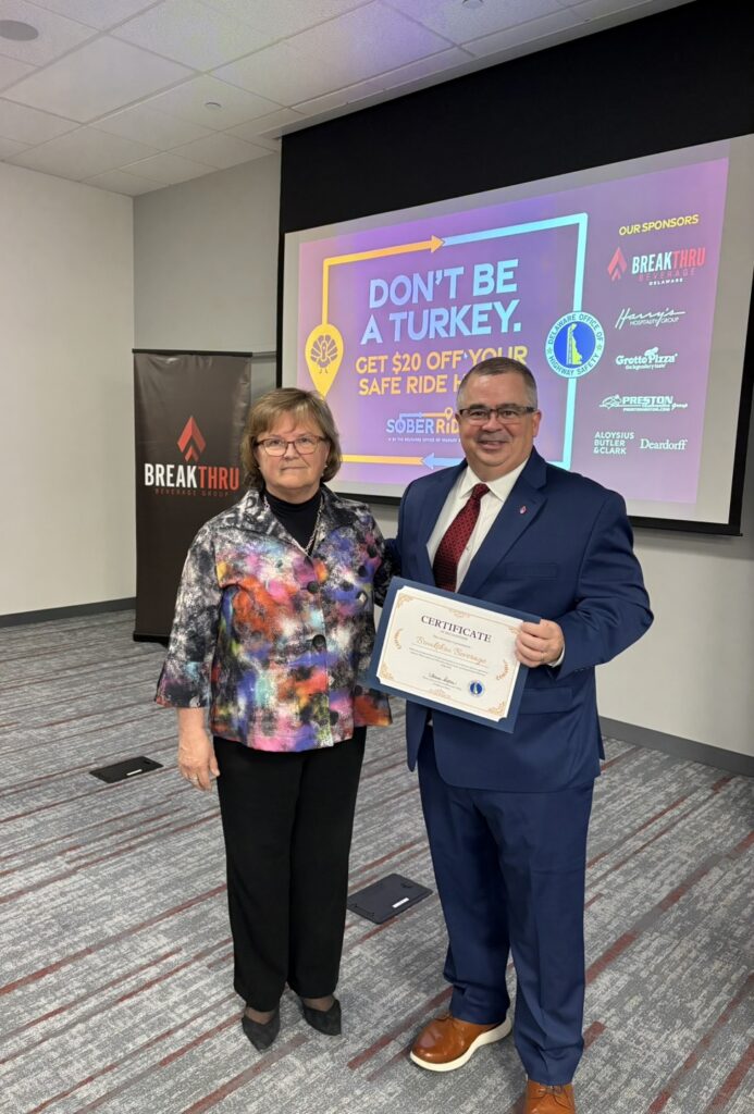 (L-R) Sharon Bryson, Director of OHS, and Tim Daning, Executive Vice President Breakthru Beverage Delaware (Photo courtesy OHS)