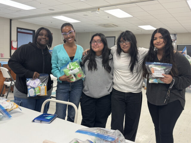 Students assembly hygiene and first aid kits (L-R):Nialah Gustin, Natalie Scott, Stephanie Ramirez-Ramirez, Aylin Escobar, Arieli Garcia Quinones