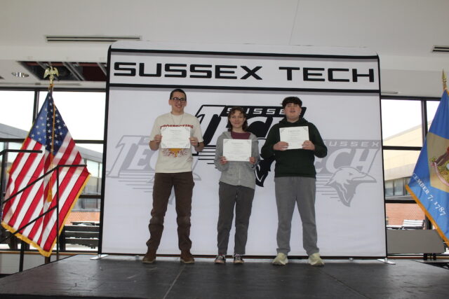 Industrial Motor Control Competition in Electrical and Green Energy Technologies student winners. Left to Right: John Olakowski, Kara Fleming, and Andrew Olakowski (Photo courtesy Sussex Tech HS)
