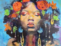 The Mezzanine Gallery presents Tanya Bracey’s “Community” “The Gardener” (2025), acrylics on canvas, 36x24.