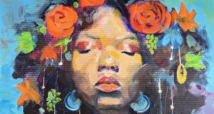 The Mezzanine Gallery presents Tanya Bracey’s “Community” “The Gardener” (2025), acrylics on canvas, 36x24.