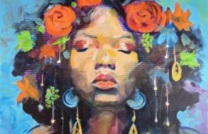 The Mezzanine Gallery presents Tanya Bracey’s “Community” “The Gardener” (2025), acrylics on canvas, 36x24.