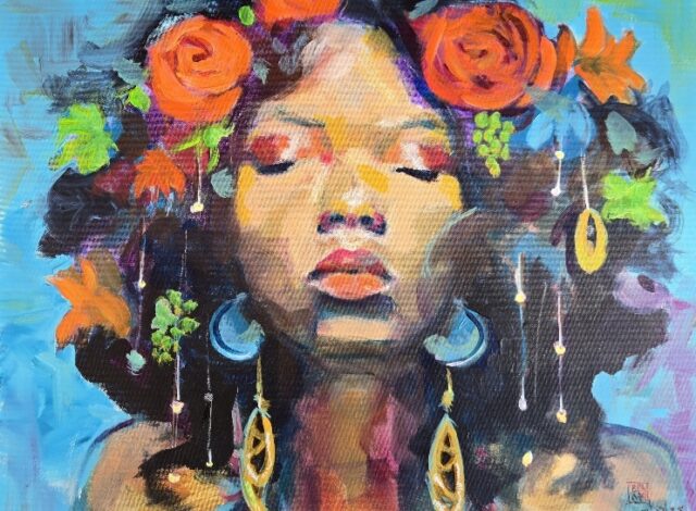 “The Gardener” (2025), acrylics on canvas, 36x24.