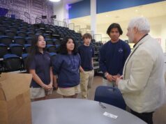 Holocaust scholar visits Sussex Academy students Students (l-r) Zighel Guevara-Yoc, Alison Fragoso-Perez, Joseph Duff and Danny Chavez-Ramirez speak with Holocaust educator Steve Gonzer after his presentation.
