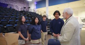 Holocaust scholar visits Sussex Academy students Students (l-r) Zighel Guevara-Yoc, Alison Fragoso-Perez, Joseph Duff and Danny Chavez-Ramirez speak with Holocaust educator Steve Gonzer after his presentation.