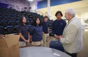 Holocaust scholar visits Sussex Academy students Students (l-r) Zighel Guevara-Yoc, Alison Fragoso-Perez, Joseph Duff and Danny Chavez-Ramirez speak with Holocaust educator Steve Gonzer after his presentation.