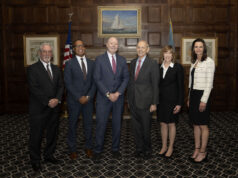 Delaware Supreme Court marks 75th Anniversary with Gala Dinner With Guest Retired U.S. Supreme Court Justice Stephen Breyer Pictured left to right: Justice Gary F. Traynor, Justice N. Christopher Griffiths, Chief Justice Collins J. Seitz, Jr., Justice Stephen Breyer, Justice Karen L. Valihura, and Justice Abigail M. LeGrow Photo credit – Richard Dubroff, Final Focus