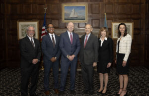 Delaware Supreme Court marks 75th Anniversary with Gala Dinner With Guest Retired U.S. Supreme Court Justice Stephen Breyer Pictured left to right: Justice Gary F. Traynor, Justice N. Christopher Griffiths, Chief Justice Collins J. Seitz, Jr., Justice Stephen Breyer, Justice Karen L. Valihura, and Justice Abigail M. LeGrow Photo credit – Richard Dubroff, Final Focus