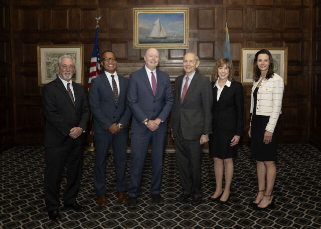 Pictured left to right: Justice Gary F. Traynor, Justice N. Christopher Griffiths, Chief Justice Collins J. Seitz, Jr., Justice Stephen Breyer, Justice Karen L. Valihura, and Justice Abigail M. LeGrow Photo credit – Richard Dubroff, Final Focus