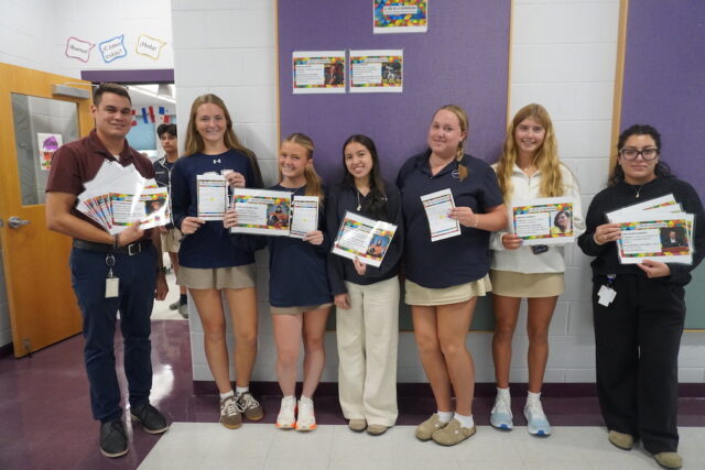 Photo caption: Members of the Sussex Academy World Language Honor Society launched a bingo game to celebrate Hispanic Heritage Month. Gathered are (l-r) advisor Nico Cáceres, Caroline White, Olivia Dickerson, Rossy Ángel-Herrera, Reagan Hastings, Brooklyn Montgomery and advisor Emily Gutiérrez. (Photo: Courtesy of Sussex Academy)